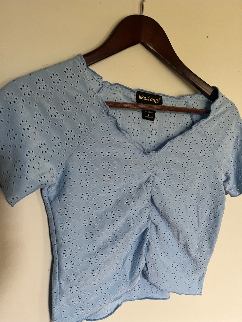 like an angel Powder Blue Eyelet Ruched V-Neck Crop Top